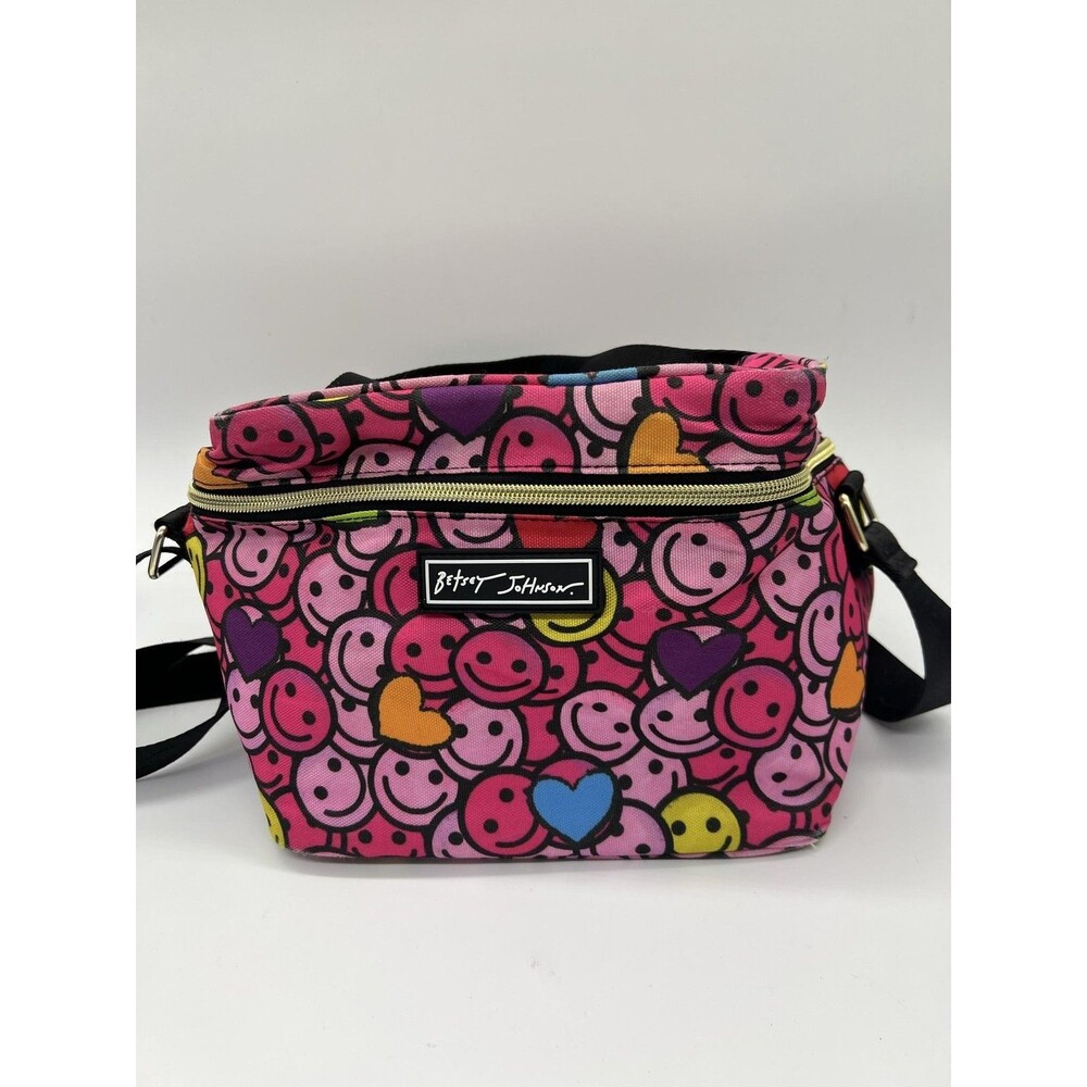 Betsey Johnson Smiley Face Hearts Lunch Bag Pink Kids Insulated Strap Novelty